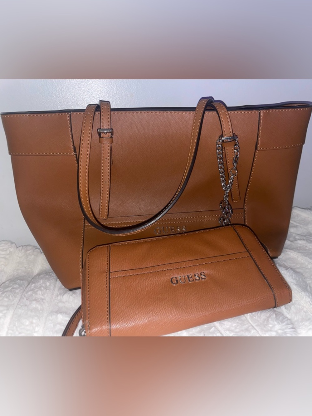 GUESS Brown Saffiano Leather Logo Tote with Chain Charm